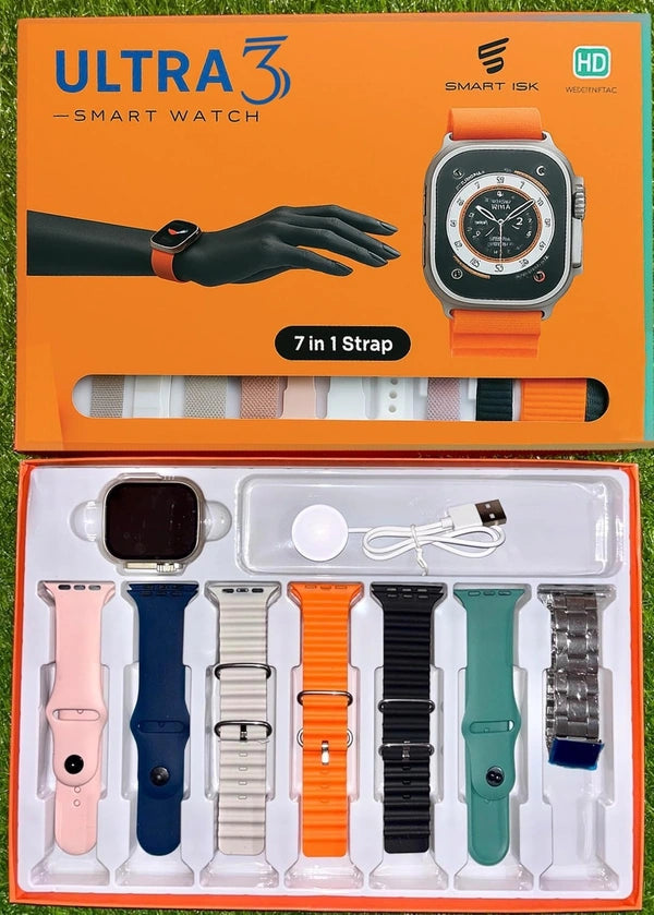 Ultra 3 Smart Watch With 7 in 1 Straps 2.01 Infinite Display BT Calling Sports Mode Fitness 7 Belt for Men & Women Smartwatch (7 Multicolor Strap, Free Size)