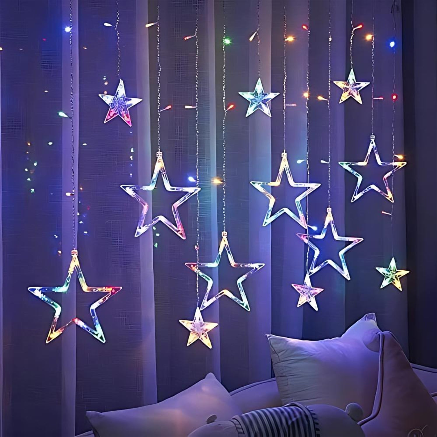 3386 12 Stars Led Curtain String Lights With 8 Flashing Modes For Home Decoration Diwali  Wedding Led Christmas Light Indoor And Outdoor Light Festival Decoration (Multicolor)